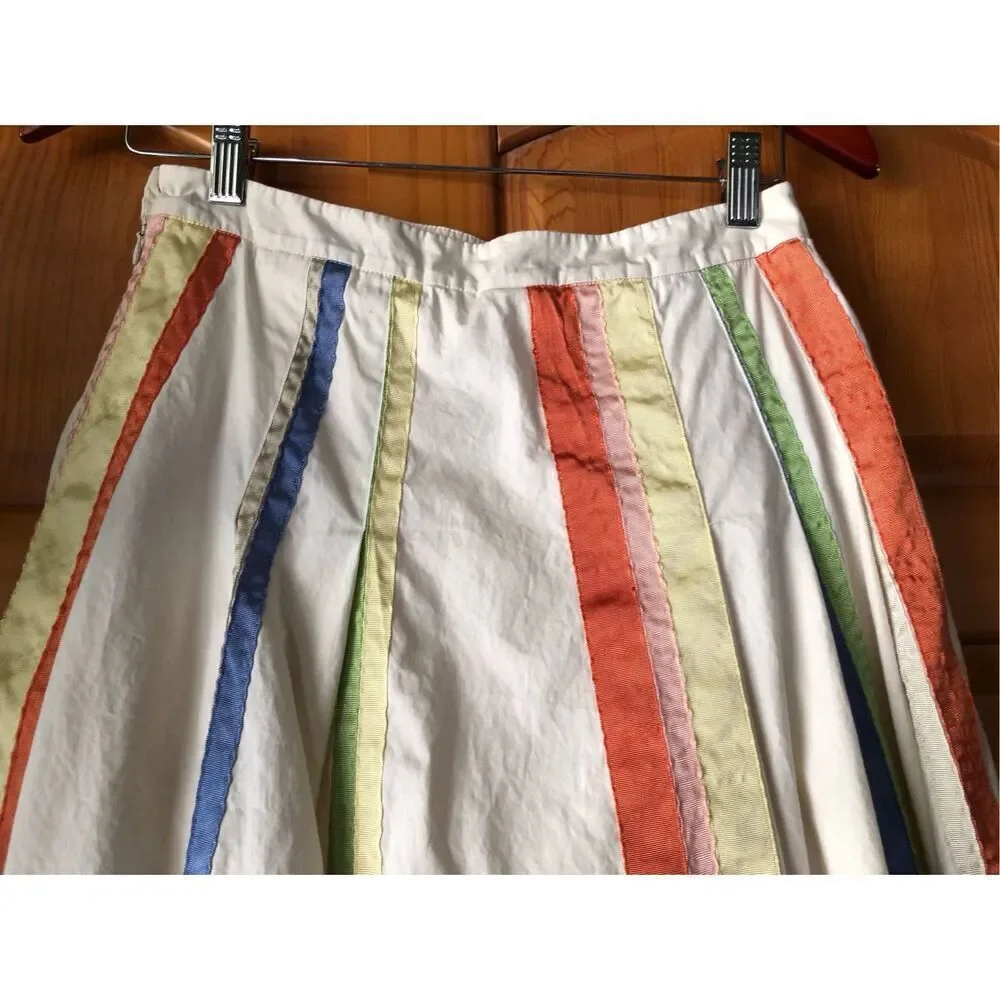 Lithe Cotton A-Line Skirt Size 4 Ivory Multicolor Ribbon Detail